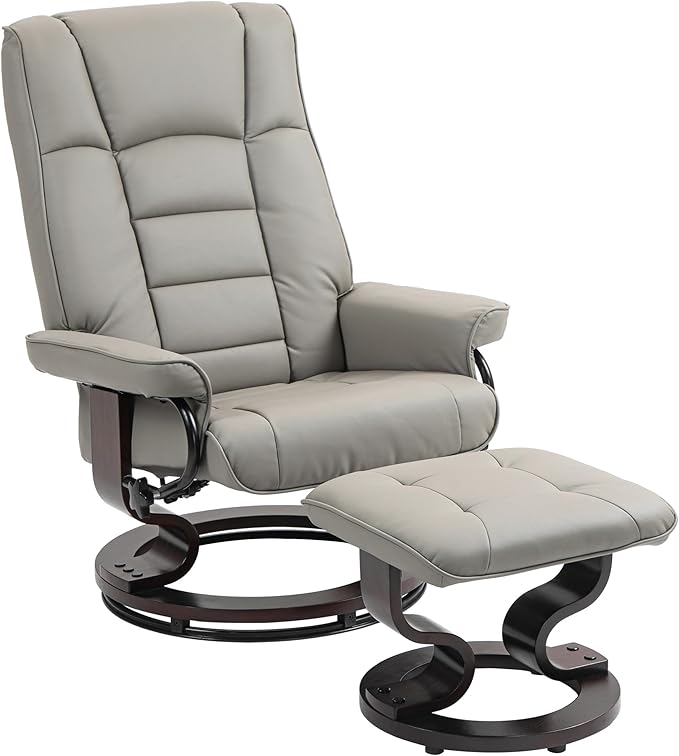 HOMCOM Faux Leather Reclining Chair Swivel Ottoman Chair Recliner with Ottoman with High Back and Wood Frame for Living Room Gray