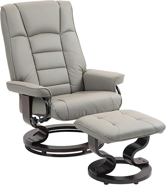 HOMCOM Faux Leather Reclining Chair Swivel Ottoman Chair Recliner with Ottoman with High Back and Wood Frame for Living Room Gray