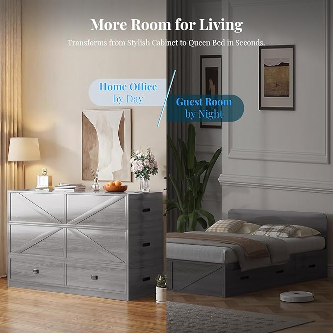 PUREMIND Murphy Bed Full with Mattress Included Wood Cabinet Bed with Dual Storage Drawers &amp 2 Pillows 3-in-1 Convertible Sofa Beds for Small Space Guest Room Home Office Gray