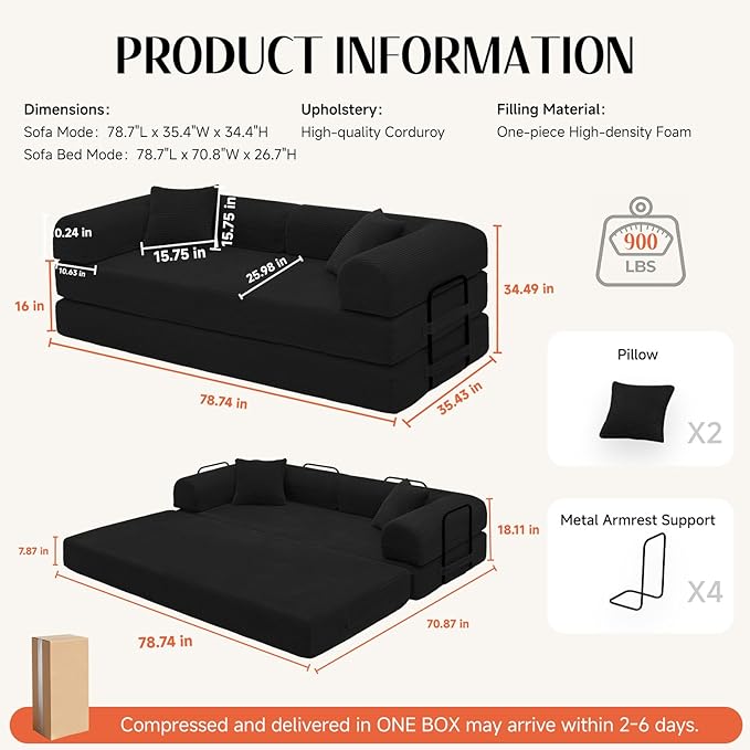 79 Corduroy Sofa Bed Boneless Couch in a Box with 2 Pillows High-Density Foam 4-in-1 Foldable Sleeper Futon Loveseat for Small Spaces No Assembly Side Pockets Black