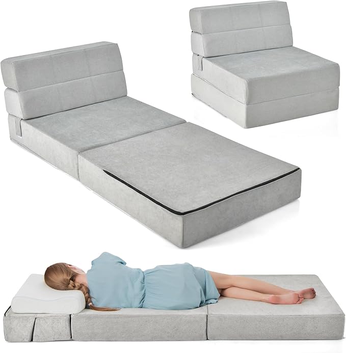 RELAX4LIFE Folding Sofa Bed Chair - 3-in-1 Convertible Couch Sleeper Floor Futon Couch w/Removable Cover &amp Full Padded Foam Fabric Guest Sleeper Chair for Living Room Study Apartment (Grey)