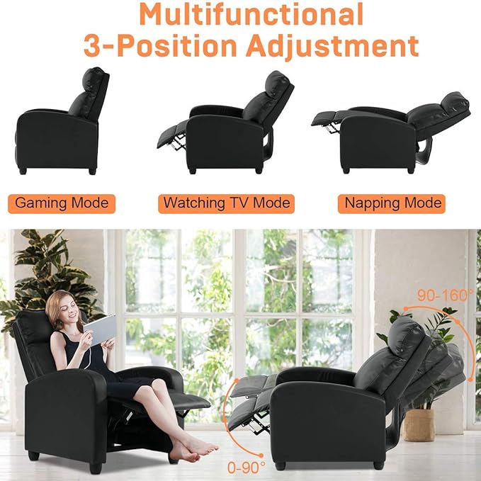 Home Recliner Chair Massage Single Sofa Wingback Recliner Sofa Reading Chair Modern Reclining Chair Home Theater Seating Modern Reclining Easy Lounge with Padded Seat Backrest Black