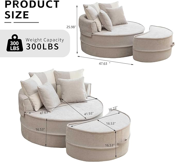 KEIKI Oversized Round Accent Barrel Chair with Ottoman &amp 5 Pillows - 64 Velvet Upholstered Reading Armchair Lazy Lounge Accent Chair for Living Room/Bedroom/Reading Room No-Sag Comfort Gray