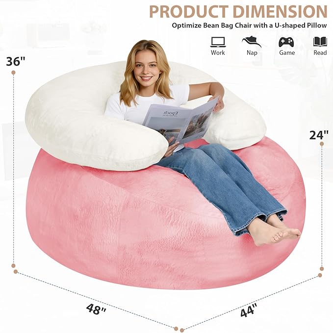 HABUTWAY Giant Bean Bag Chair Oversized Beanbag Chair with Filler Ultra Soft Faux Fur Bean Bag Lounge Floor Sofa w/U-Shaped Pillow for Gaming Reading Pink &amp Beige