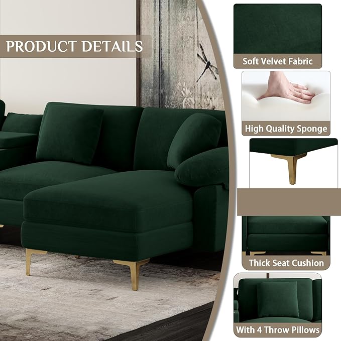 OUYESSIR U-Shaped Sectional Sofa Couch 4 Seat Sofa Set for Living Room Convertible U-Shaped Chenille Couch Set with USB Port Central Console Ottoman128 inches (Green)