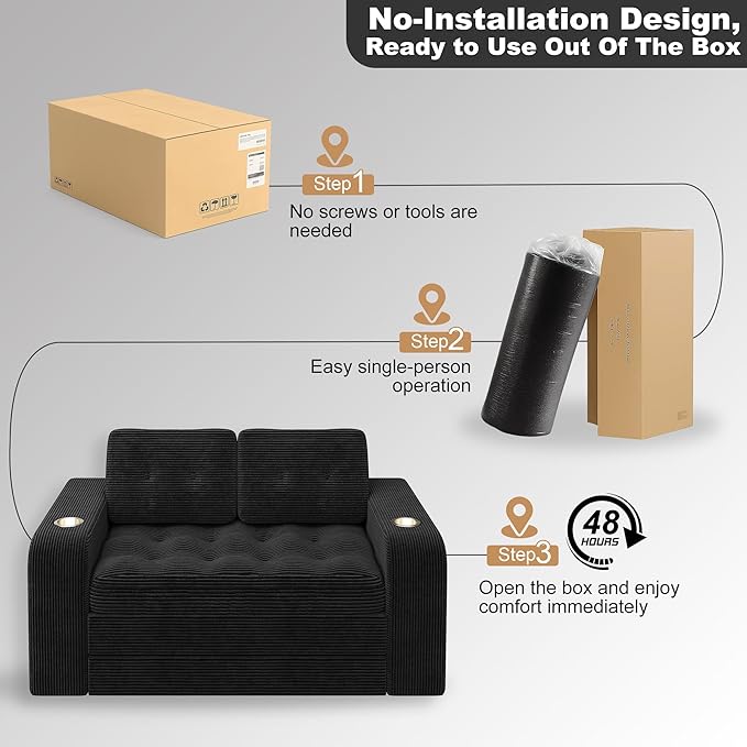 55 Futon Sofa Bed 4‑in‑1 Convertible Sofa Bed Folding Boneless Couches for Living Room Fold Out Small Foldable Loveseat Floor Sleeper Comfy Mattress Lounge Space‑Saving Black