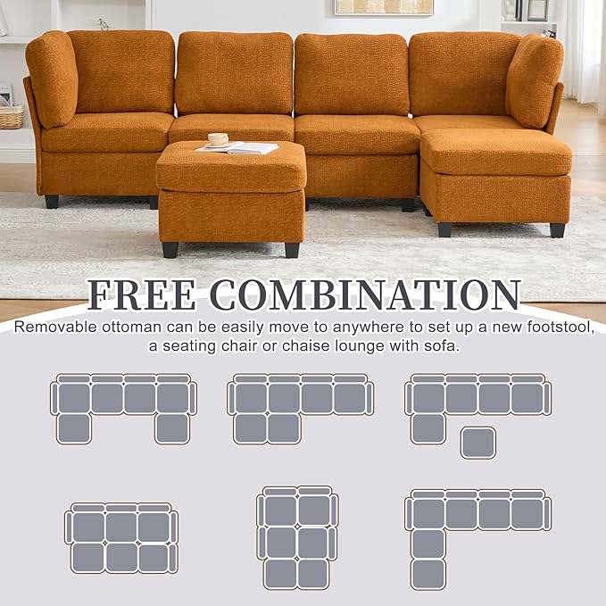 113 Modular Sectional Sofa Couch with Storage U Shaped 4 Seat Couches with Movable Ottoman Freely Combinable Deep Seat Sofa Upholstered Sectional Couches for Living Room Orange