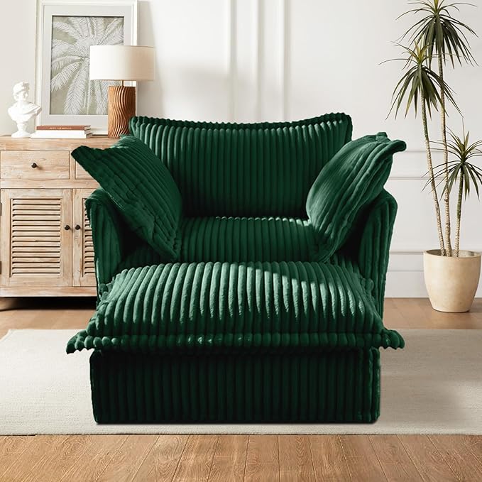 49''W Corduroy Chaise Lounge Chair Indoor Oversized Upholstered Sleeper Sofa with Movable Ottoman and 2 Pillows Removable Sofa Cover for Living Room Home Theater Apartment(Green)
