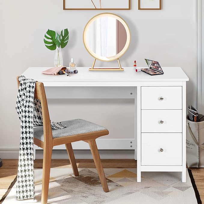 Computer Desk with Drawers 48’’ x 20’’ x 29.5’’ Home Office Computer Workstation Modern Executive Desks Teens Writing Study Table Laptop Desk for Bedroom Study Small Space (White)