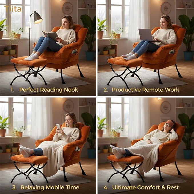Tiita Lazy Chair with Ottoman Orange Modern Large Accent Armchair Comfy Leisure Sofa Reading Chair with Footrest for Bedroom Living Room Dorm Rooms Garden Velvet Orange