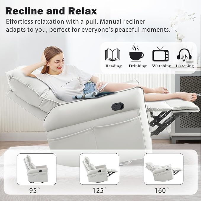 cinehome Swivel Rocker Recliner Small Rocker Recliner Chairs for Adults Overstuffed Faux Leather Manual Recliner Glider Recliner 360 Swivel Recliner Chair for Living Room