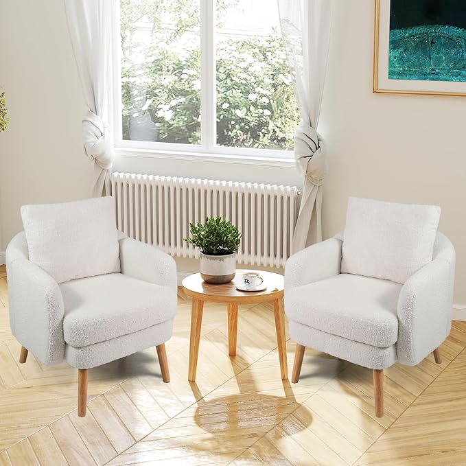 KOMFOTT Sherpa Accent Chair Upholstered Armchair with Seat Cushion Lumbar Pillow &amp Rubber Wood Legs Modern Single Sofa Chair Reading Chair for Living Room Bedroom Office Small Spaces White