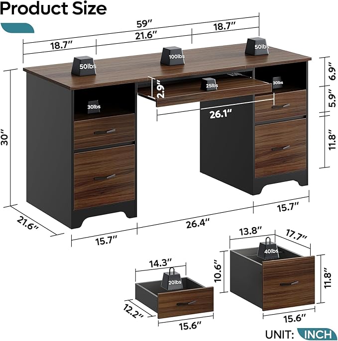 Bestier 59” Computer Desk with 4 Drawers Office Desk with Storage Industrial Executive Desk with File Drawer Keyboard Tray &amp 2 Pedestals for Home Office &amp Studio Cherry