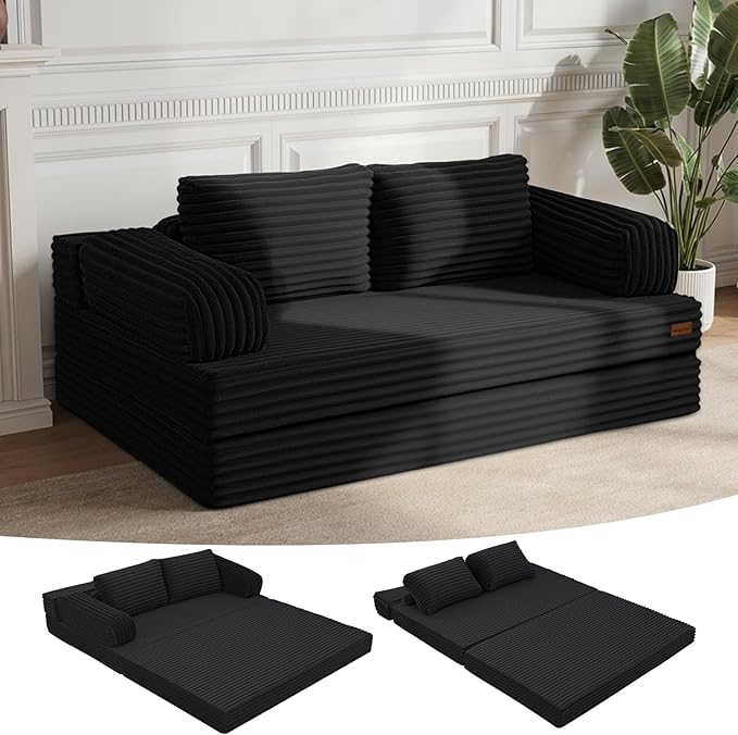 MeMoreCool Convertible Sofa Bed Black Folding Floor Couch Bed Queen Pull Out Sleeper Couch with Pillows Corduroy Fold Out Futon Sofa for Bedroom Living Room Small Space