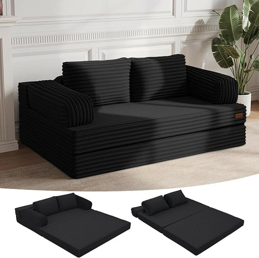 MeMoreCool Convertible Sofa Bed Black Folding Floor Couch Bed Queen Pull Out Sleeper Couch with Pillows Corduroy Fold Out Futon Sofa for Bedroom Living Room Small Space