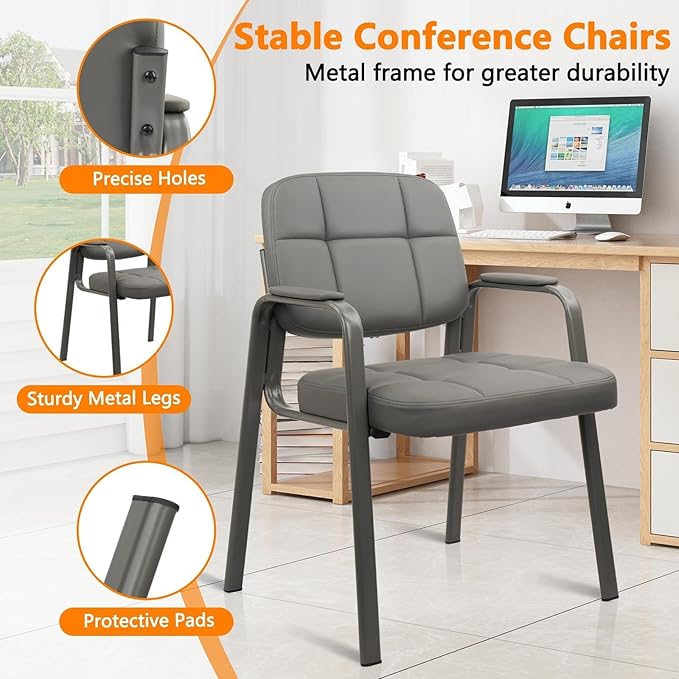 CLATINA Leather Guest Chairs Set of 2 Desk Chair No Wheels Office Reception with Padded Arms for Office Conference Waiting Room Grey