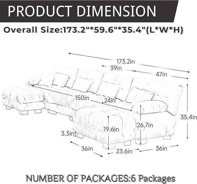 Modular Sectional Sofa for Living Room173 U-Shaped Comfy Couch with Ottoman Oversized 4 Seater Grey Sectional Couches with Pillows Fluffy Couch Set with Deep Seat