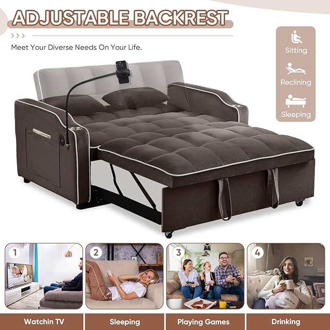 Antetek Sleeper Sofa Couch Bed with USB &amp Type C Port Modern 3-in-1 Convertible Velvet Pull Out Loveseat Futon Sofa w/Phone Holder/Cup Holder for Living Room Apartment Adjustable Backrest Coffe