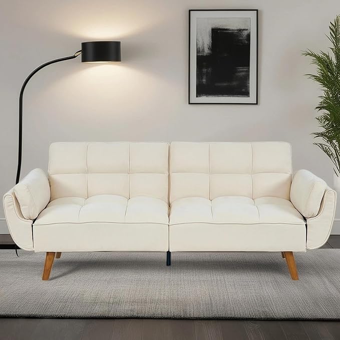 Convertible Futon Sofa Bed Modern Futon Couch with 2 Pillows Small Futons Couch with Adjustable Armrest &amp Backrest Loveseat Sofa Bed for Living Room Bedroom Beige