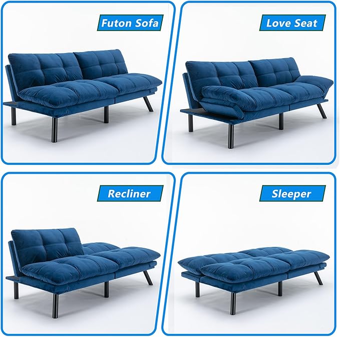 Anwick Modern Futon Couch Bed Sofa: Velvet Fabric Quick Folding Armrest Space-Saving Convertible 2 Seater Loveseat for Living Room Bedroom Small Rooms Apartment (Blue)