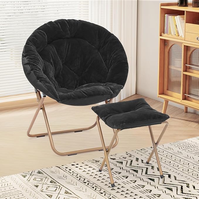 Foldable Oversized Moon Chair with Footrest Large Faux Fur Round Saucer Moon Chair with Folding Footrest Stool for Teens and Adults