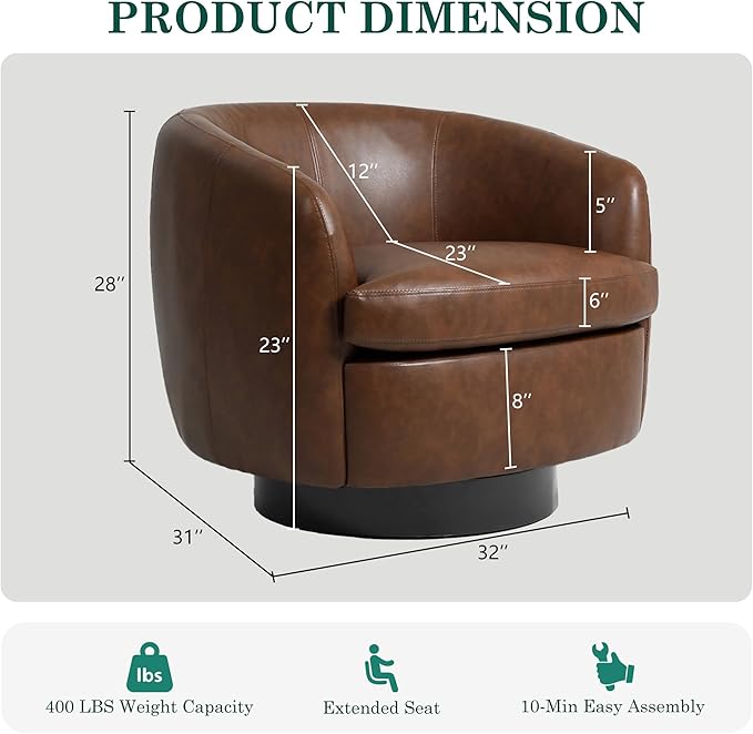 UIXE PU Leather Swivel Barrel Accent Chair Comfy Round Upholstered Armchair Reading Chair for Living Room Barrel Club Chairs Bedroom Brown