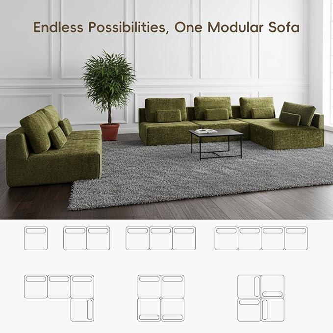 Modular Sectional Sofa 3-Piece Green Plush Velvet Couch Loveseat No-Assembly Compressed Deep-Seat 3-Seat for Living Rooms Family Spaces Reading Nooks