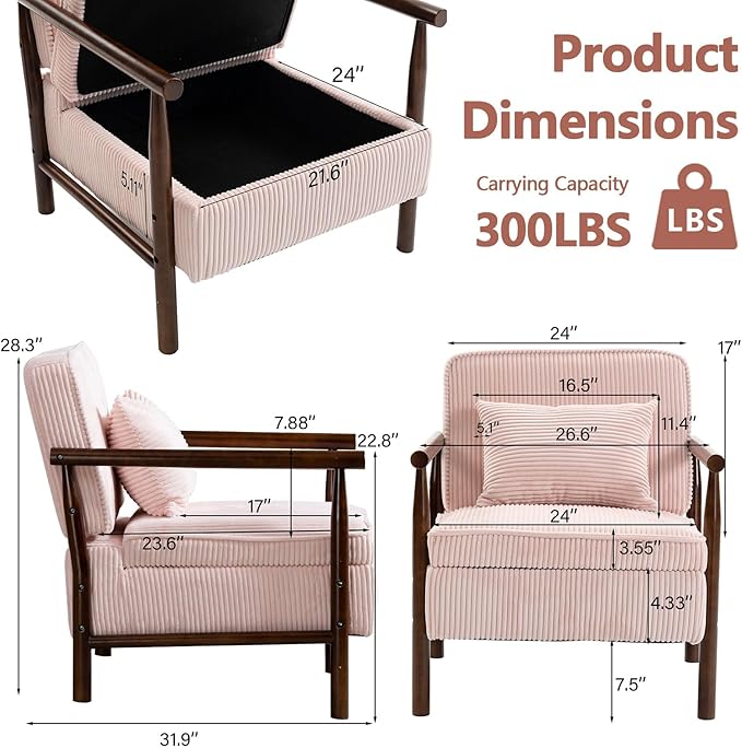 Pink Accent Chair with Storage 24 W Mid Century Modern Chair with Cushion Upholstered Corduroy Reading Chair with Wooden Legs Comfy Arm Chairs for Living Room Bedroom (Pink)