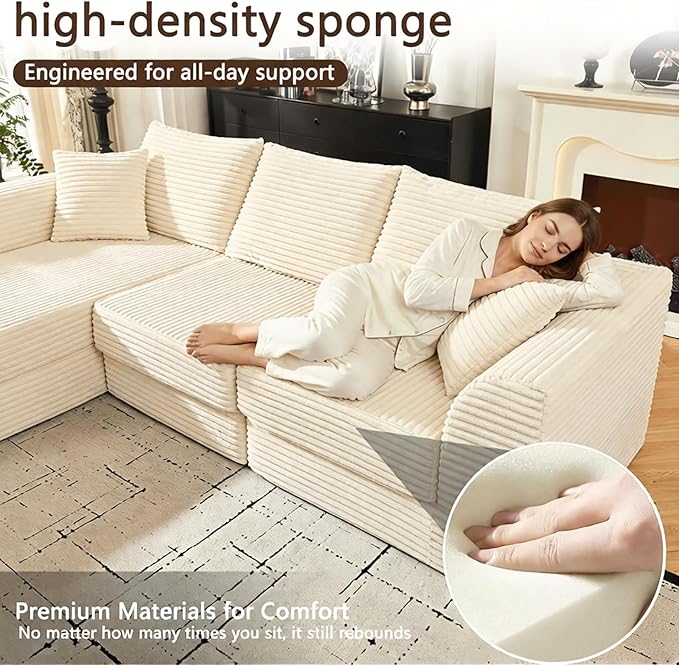 102 L-Shaped Modular Corduroy Cloud Sofa 3-Seater with Reversible Chaise Beige Memory Foam Cushion No Assembly Required