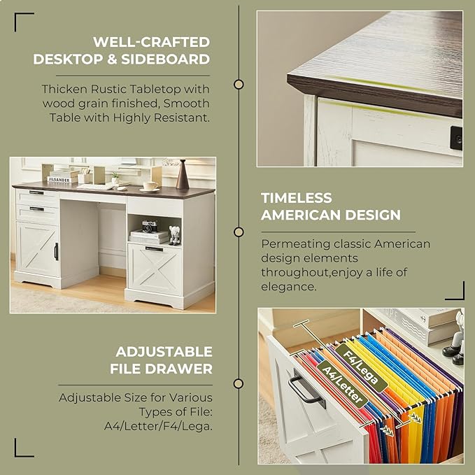63 Executive Desk Home Office Desk with Lift Top Farmhouse Gaming Desk with File Drawer Charging Station Sensor Lights Wood Computer Table with Monitor Stand (White)