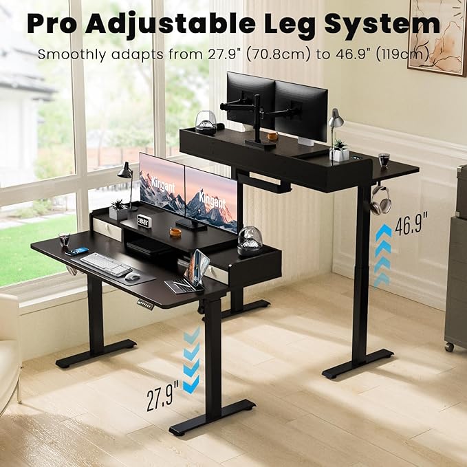 Kingant 63 x 30 Inch Electric Standing Desk with Dual Drawers Adjustable Height Computer Desk for Home Office Large Workstation Sit Stand Up Desk with Built-in Storage Shelf Black