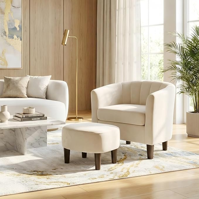 FDW Accent Chair with Ottoman Velvet Modern Armchair &amp Sofa Chair Comfortable Living Room Chair for Reading Bedroom Lounge &amp Apartment Beige