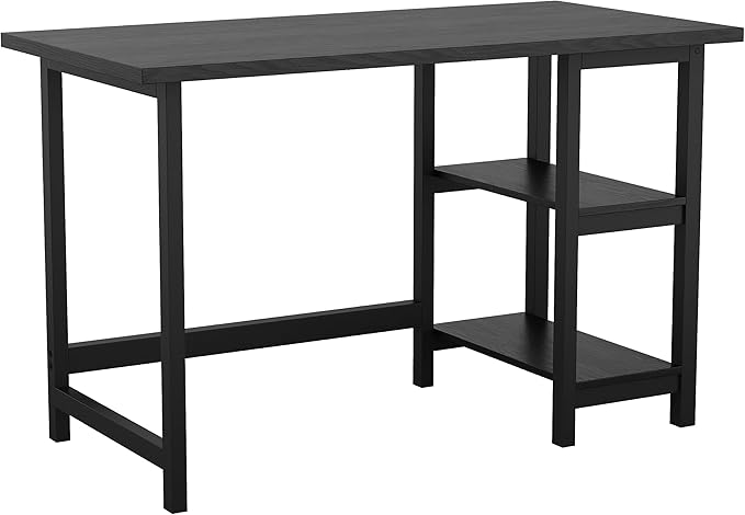 Martha Stewart Beckett Modern Trestle Desk with Open Side Shelving in Black Wood Grain Finish