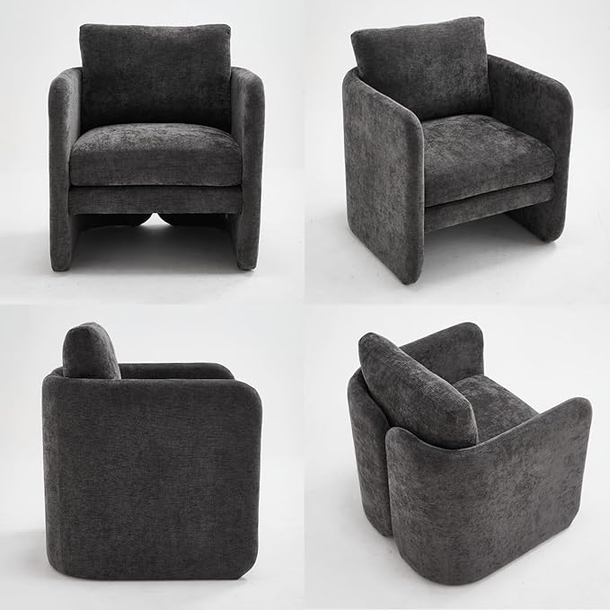 Modern Barrel Accent Chair Single Sofa Chair with Removable Back Pillow Comfy Chenille Upholstered Reading Accent Chair Lounge Armchair for Bedroom Living Room Grey