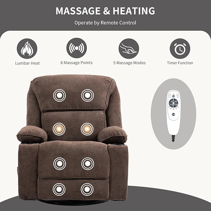 Rocker Recliner Chair with Massage and Heated 360°Swivel Rocking Manual Recliner Chairs with Cup Holders Remote Control for Living Room (Brown)
