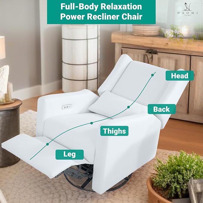 Naomi Home Tanya Luxury Motion Recliner Chair Bright White – Plush Upholstered Glider Rocker with USB Charging Swivel and Lumbar Support for Nursery Comfort 275 lbs Capacity