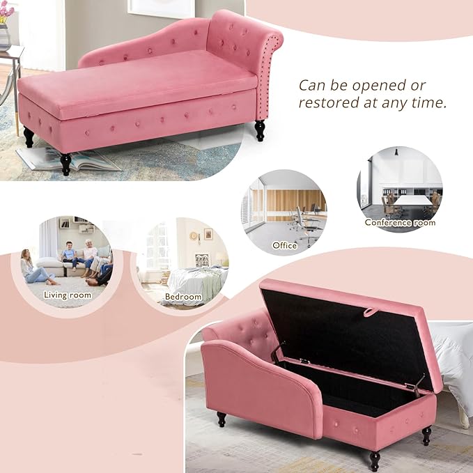 Upholstered Chaise Lounge with Right Armrest &amp Lumbar PillowButton Tufted Lounge Sofa with StorageLounge Chair IndoorModern Velvet Lounge Chair for Bedroom Living Room and OfficePink