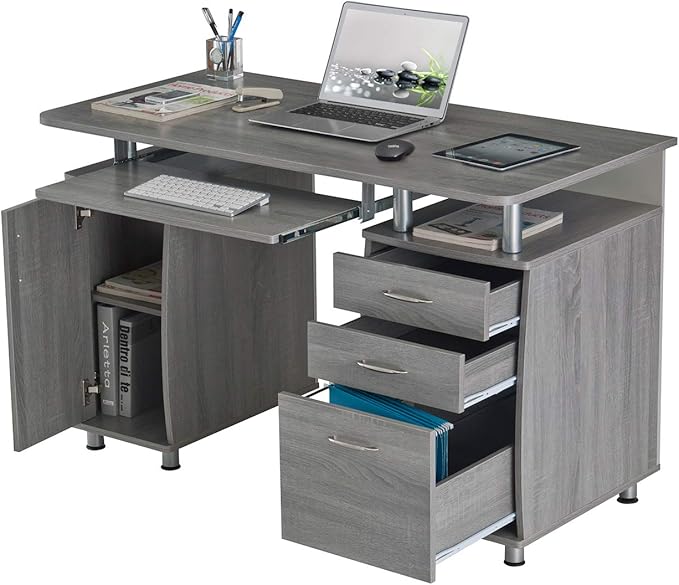 47.5'' Computer Desk with File Cabinet and Drawers Storage Cabinet with Removable Shelf and Ventilation for CPU Home Office Desk or Computer Workstation with Keyboard Tray Grey