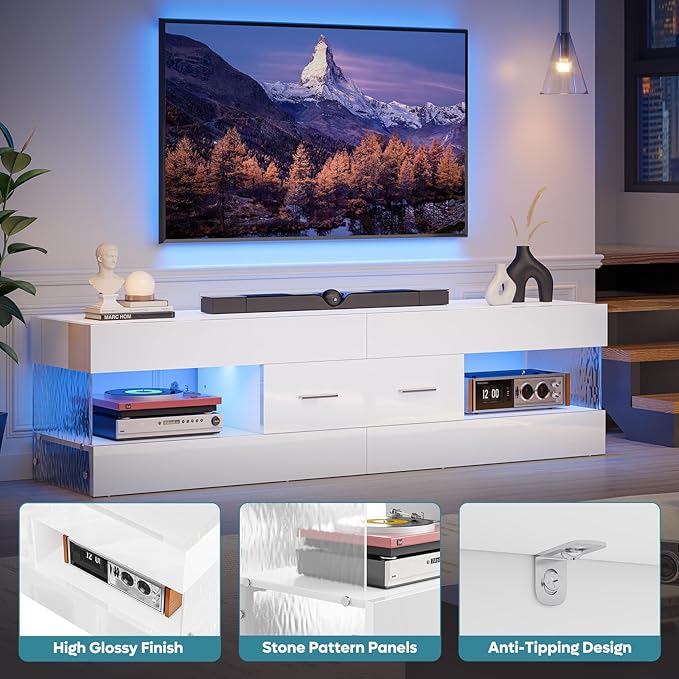 Bestier TV Stand for 55/60/65 Inch TV High Gloss Modern TV Stand with Stone-Patterned Side Panels LED Entertainment Center with Large Drawer TV Consoles for Living Room Bedroom (Glossy White)