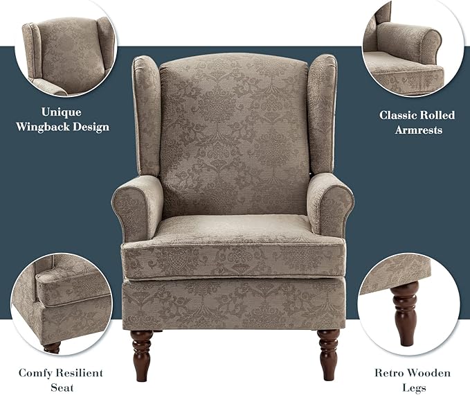 HULALA HOME Wingback Accent Chair with Retro Wood Legs Traditional Fabric Armchair for Living Room Bedroom Comfy Upholstered Single Sofa Chair Reading Chair with Unique Pattern Design Brocade