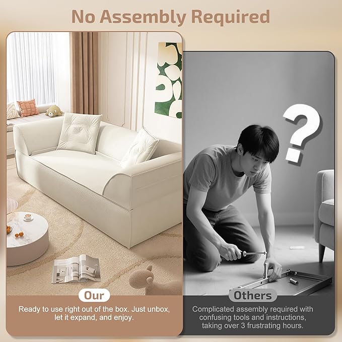 3-in-1 Convertible Sofa Bed 3-seater Boneless Futon Couch with Adjustable Backrest and Armrests Chenille Chaise Lounge Sofa with Pillows Floor Sleeper Loveseat for Living Room Reading Room Beige