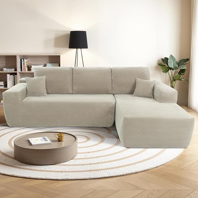 105 L-Shaped Boneless Couch Cloud Sectional Couches for Living Room Corduroy Sleeper Sofa with Chaise Modular Sectional Sofa Bed No Assembly(CamelRight)