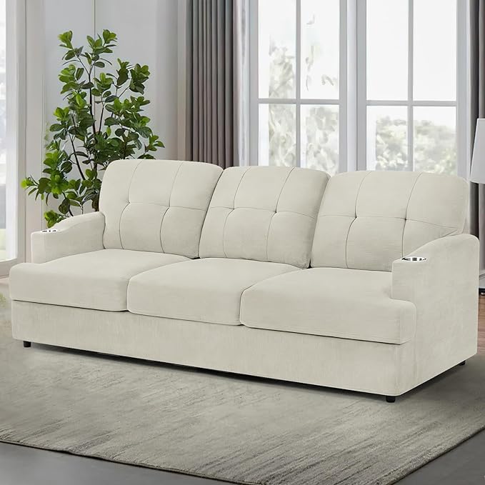 89 Chenille 3 Seats Sofa with Built-in Cup Holder Tufted Modern Couch with Thickened Seat Cushions Soft Upholstered Sofa with Deep Seating Space for Living Room Apartment Beige