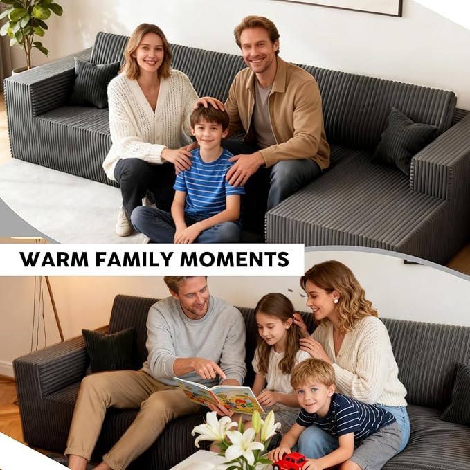 142 Boneless Couch Cloud Modular Sectional Sofa with L-Shape Chaise Modern Upholstered Couches for Living Room Bedroom No Assembly Required (Grey 142 Right Facing Chaise+3 Seaters)