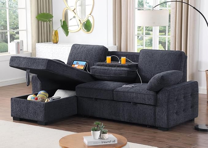 Lilola Home Mackenzie 91-inch Chenille Fabric Reversible Sleeper Sectional Sofa with Storage Chaise Drop-Down Table Cup Holders &amp USB/USB-C Charging Ports Easy Assembly Living Room — Charcoal