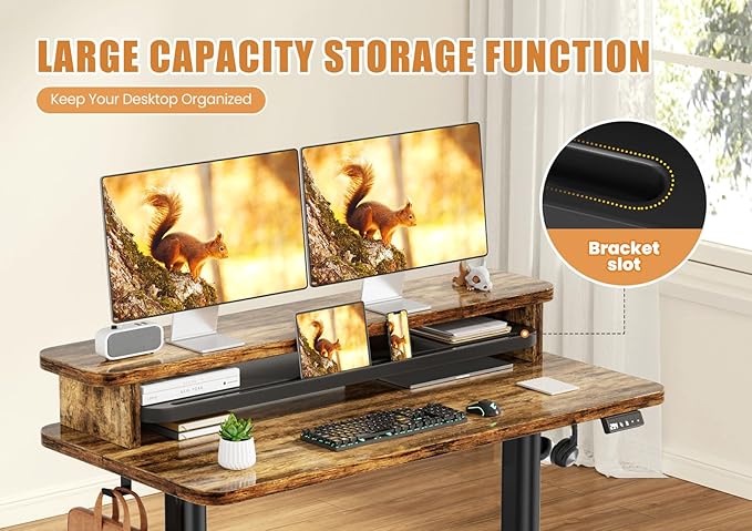 Flycity Electric Standing Desk with Dual Monitor Stand Height Adjustable Desk Sit Stand Desk with Memory Controller Casters &amp 2 Hooks Low Noise Home Office Desk (Rustic Brown 48 x 24)