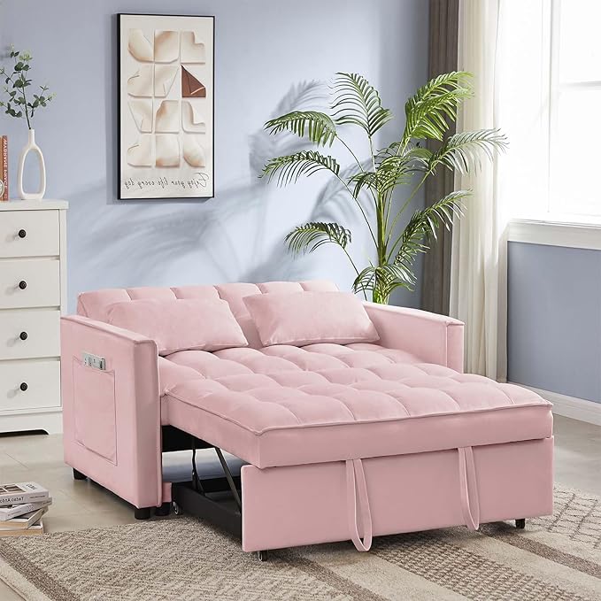 Sleeper Sofa Couch w/Pull Out Bed 53 Modern Velvet Convertible Sleeper Sofa Bed Small Love seat Sofa Bed with 2 Pillows &amp Side Pockets for Small Space Living Room Apartment Pink