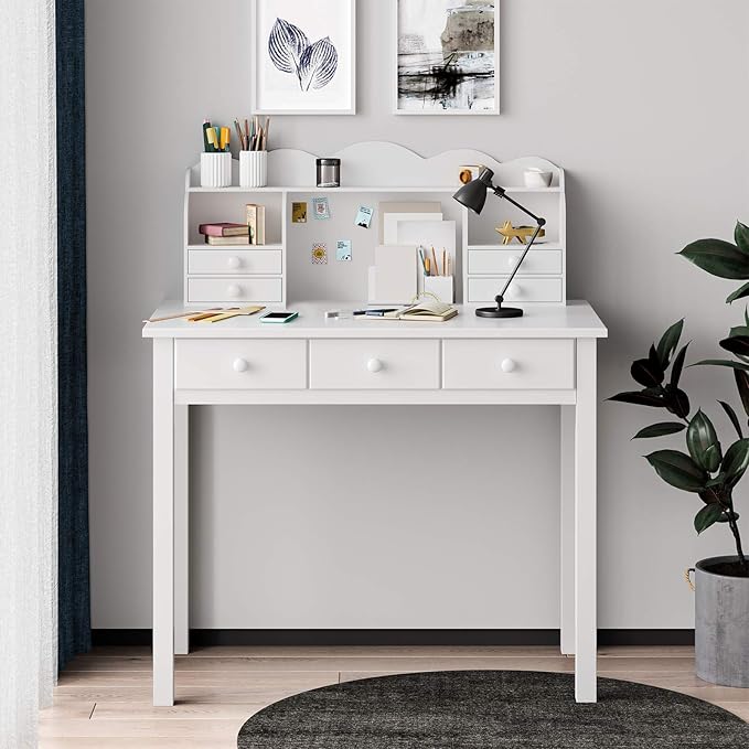 ADORNEVE Writing Desk with 7 Drawers Home Office Desk with Hutch Student Desk Study Table Small White Desks Solid Pine Wood Legs
