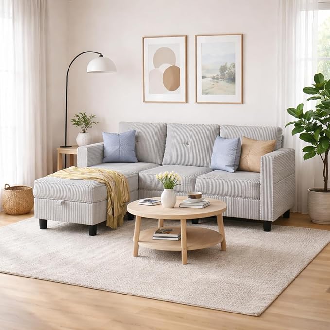 JAMFLY Convertible L-Shaped Sectional Sofa with Reversible Storage Ottoman 3-Seat Couch with Side Pockets Modern Compact Furniture for Small Apartments Studios &amp Lofts Light Grey