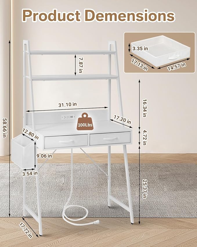 KATHY&ampBOB Small Home Office Study Desk - Freestanding Ladder Design with Fabric Drawers &amp Side Bag - Modern Vanity Makeup Desk - 2 Tier Shelf &amp Computer Gaming Station (White)